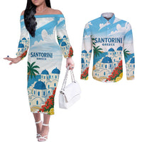Greece Santorini Personalized Couples Matching Off The Shoulder Long Sleeve Dress and Long Sleeve Button Shirt Greek Island Blue Dome Architecture Art