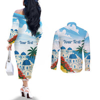 Greece Santorini Personalized Couples Matching Off The Shoulder Long Sleeve Dress and Long Sleeve Button Shirt Greek Island Blue Dome Architecture Art