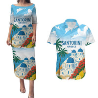 Greece Santorini Personalized Couples Matching Puletasi and Hawaiian Shirt Greek Island Blue Dome Architecture Art