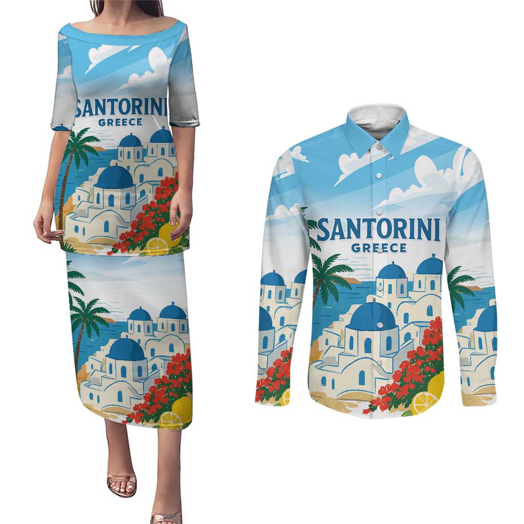 Greece Santorini Personalized Couples Matching Puletasi and Long Sleeve Button Shirt Greek Island Blue Dome Architecture Art