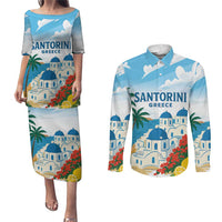 Greece Santorini Personalized Couples Matching Puletasi and Long Sleeve Button Shirt Greek Island Blue Dome Architecture Art