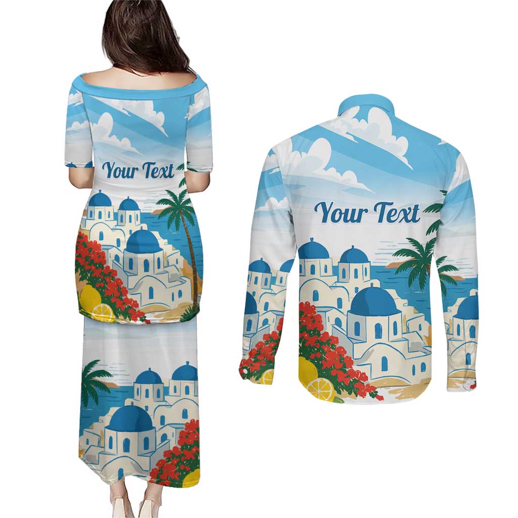 Greece Santorini Personalized Couples Matching Puletasi and Long Sleeve Button Shirt Greek Island Blue Dome Architecture Art