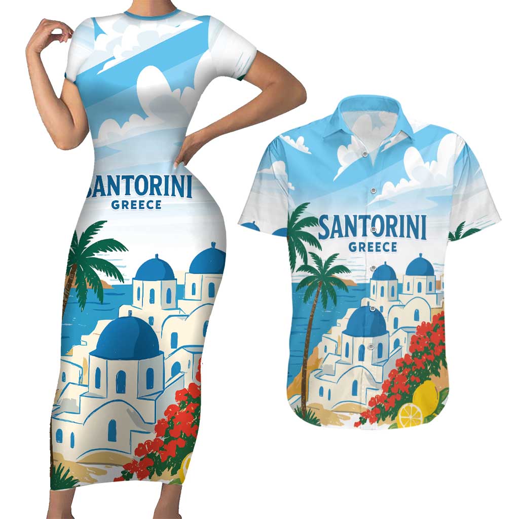 Greece Santorini Personalized Couples Matching Short Sleeve Bodycon Dress and Hawaiian Shirt Greek Island Blue Dome Architecture Art