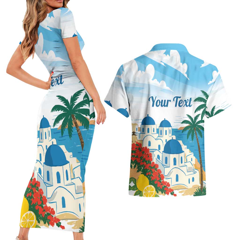 Greece Santorini Personalized Couples Matching Short Sleeve Bodycon Dress and Hawaiian Shirt Greek Island Blue Dome Architecture Art