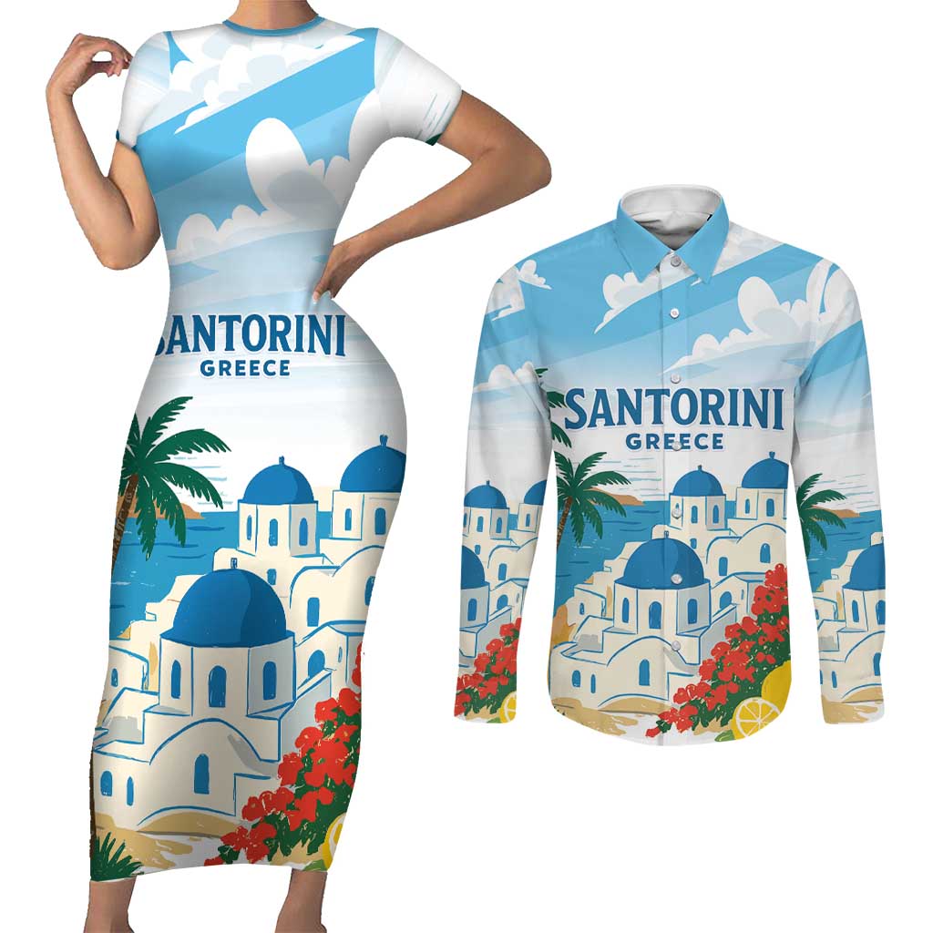 Greece Santorini Personalized Couples Matching Short Sleeve Bodycon Dress and Long Sleeve Button Shirt Greek Island Blue Dome Architecture Art