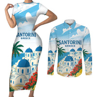Greece Santorini Personalized Couples Matching Short Sleeve Bodycon Dress and Long Sleeve Button Shirt Greek Island Blue Dome Architecture Art