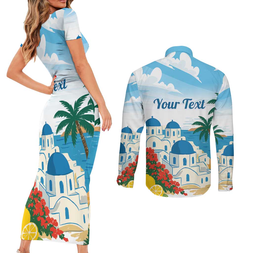 Greece Santorini Personalized Couples Matching Short Sleeve Bodycon Dress and Long Sleeve Button Shirt Greek Island Blue Dome Architecture Art