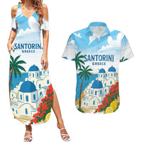 Greece Santorini Personalized Couples Matching Summer Maxi Dress and Hawaiian Shirt Greek Island Blue Dome Architecture Art