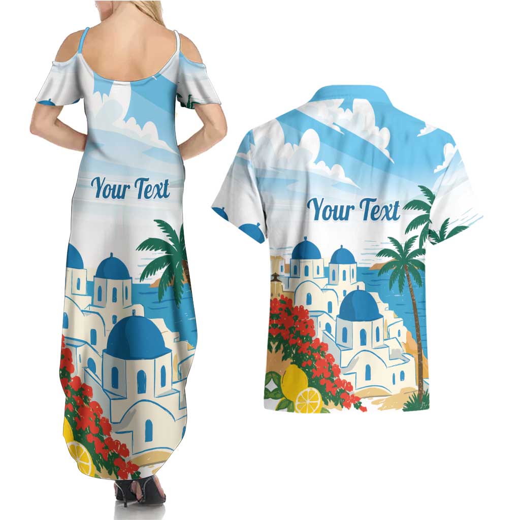 Greece Santorini Personalized Couples Matching Summer Maxi Dress and Hawaiian Shirt Greek Island Blue Dome Architecture Art