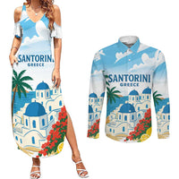 Greece Santorini Personalized Couples Matching Summer Maxi Dress and Long Sleeve Button Shirt Greek Island Blue Dome Architecture Art
