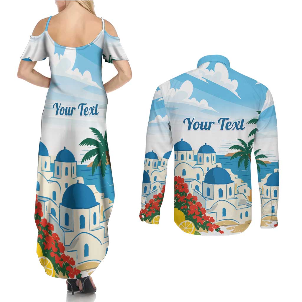 Greece Santorini Personalized Couples Matching Summer Maxi Dress and Long Sleeve Button Shirt Greek Island Blue Dome Architecture Art