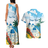 Greece Santorini Personalized Couples Matching Tank Maxi Dress and Hawaiian Shirt Greek Island Blue Dome Architecture Art