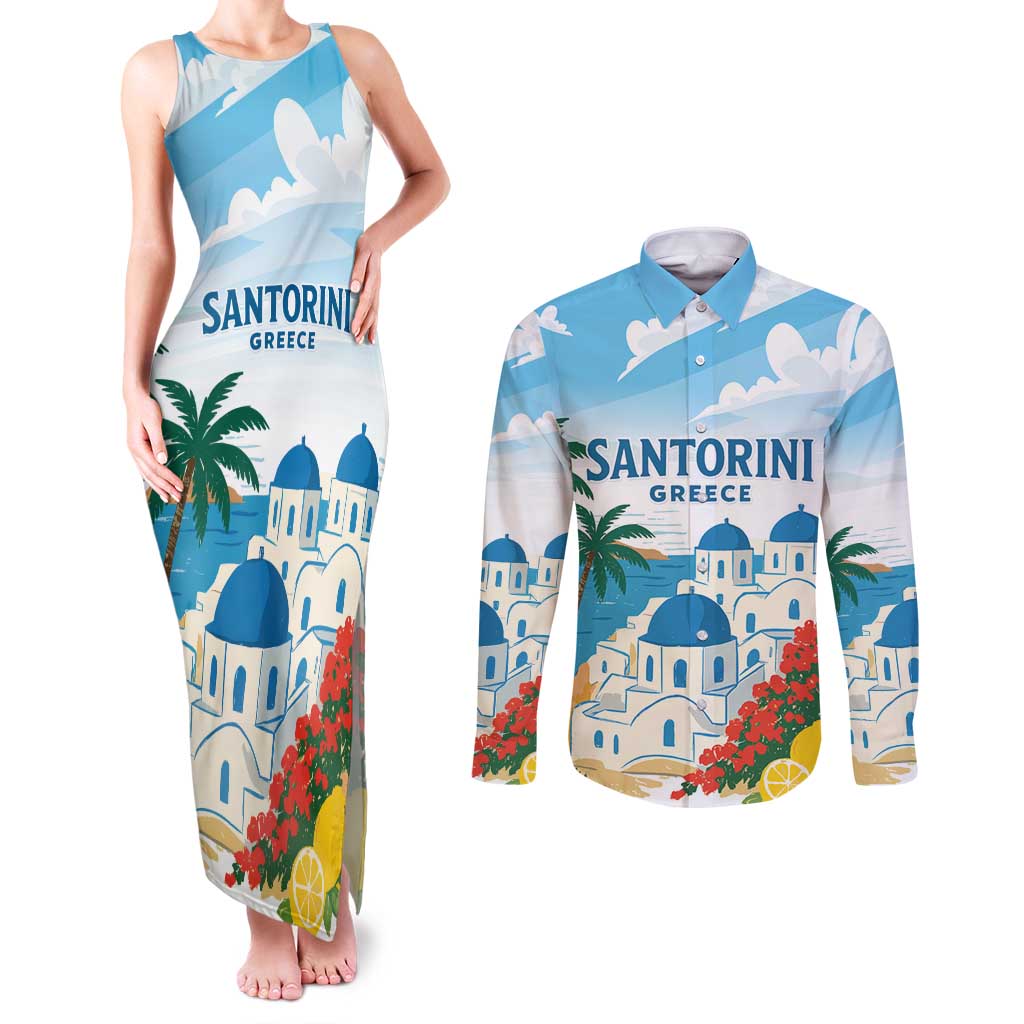 Greece Santorini Personalized Couples Matching Tank Maxi Dress and Long Sleeve Button Shirt Greek Island Blue Dome Architecture Art