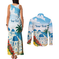 Greece Santorini Personalized Couples Matching Tank Maxi Dress and Long Sleeve Button Shirt Greek Island Blue Dome Architecture Art
