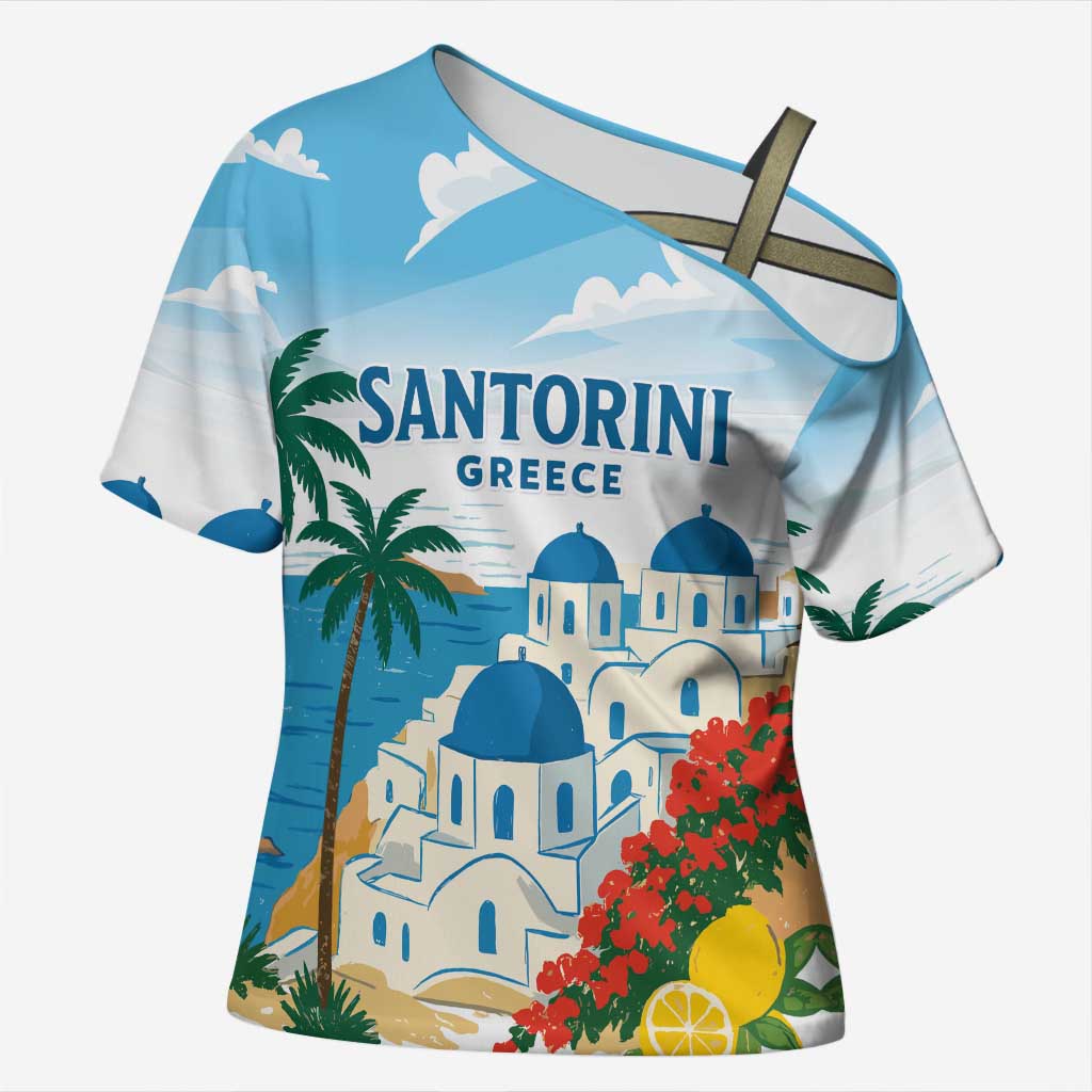 Greece Santorini Personalized Cross Shoulder Shirt Greek Island Blue Dome Architecture Art