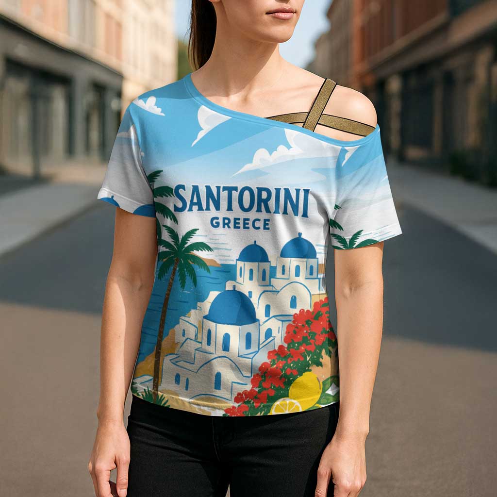 Greece Santorini Personalized Cross Shoulder Shirt Greek Island Blue Dome Architecture Art