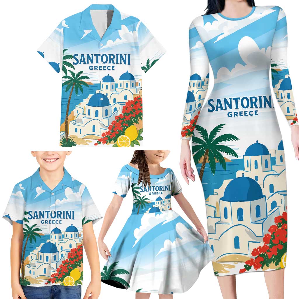 Greece Santorini Personalized Family Matching Long Sleeve Bodycon Dress and Hawaiian Shirt Greek Island Blue Dome Architecture Art