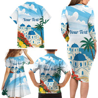 Greece Santorini Personalized Family Matching Long Sleeve Bodycon Dress and Hawaiian Shirt Greek Island Blue Dome Architecture Art