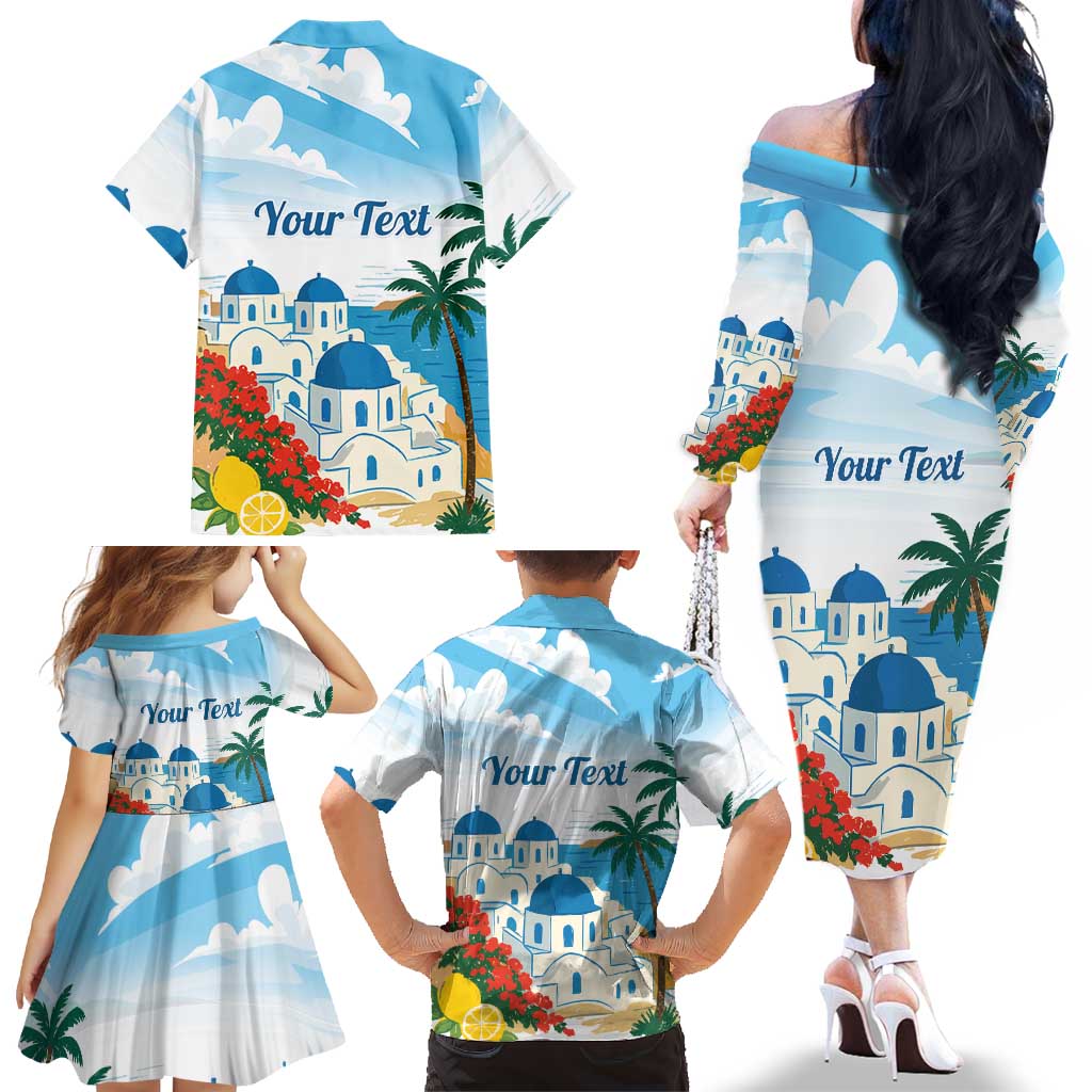 Greece Santorini Personalized Family Matching Off The Shoulder Long Sleeve Dress and Hawaiian Shirt Greek Island Blue Dome Architecture Art