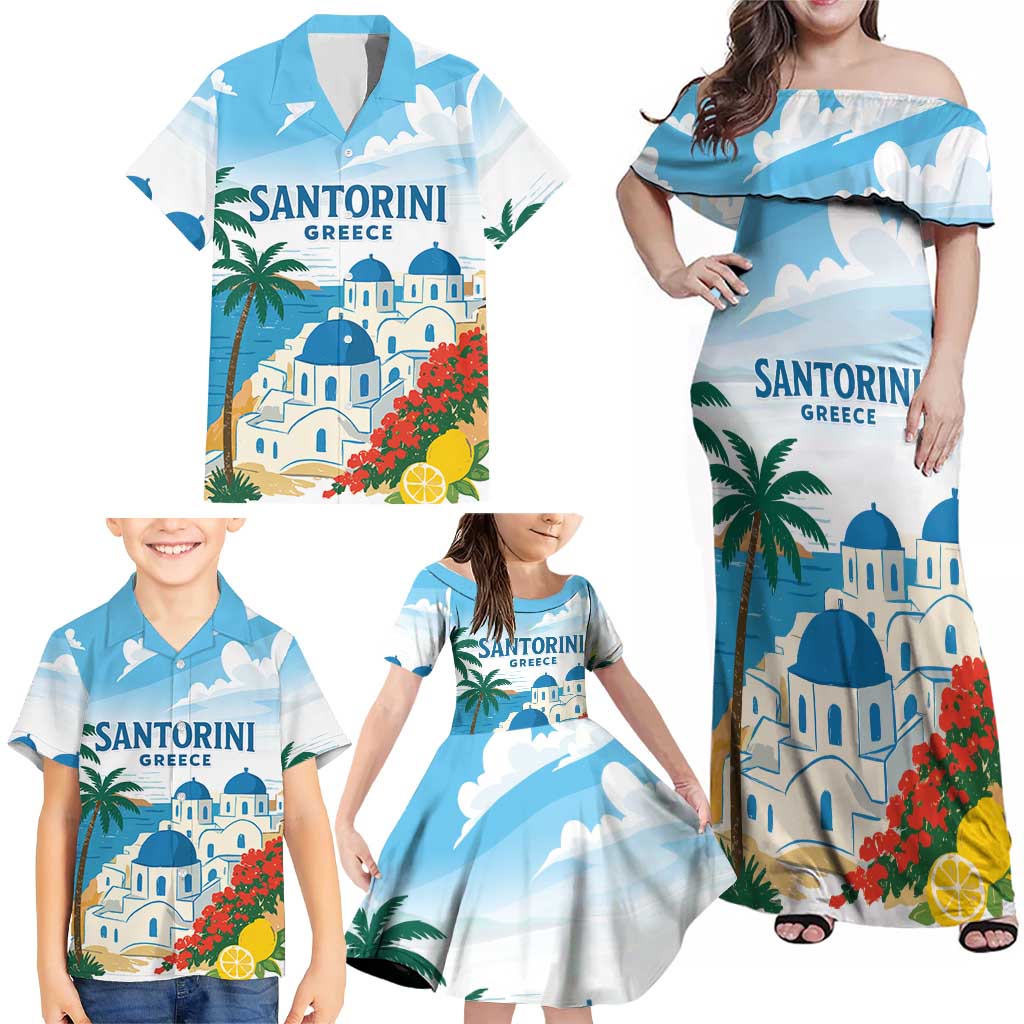 Greece Santorini Personalized Family Matching Off Shoulder Maxi Dress and Hawaiian Shirt Greek Island Blue Dome Architecture Art