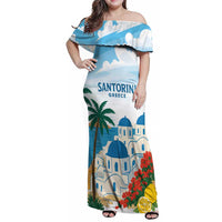 Greece Santorini Personalized Family Matching Off Shoulder Maxi Dress and Hawaiian Shirt Greek Island Blue Dome Architecture Art