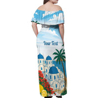 Greece Santorini Personalized Family Matching Off Shoulder Maxi Dress and Hawaiian Shirt Greek Island Blue Dome Architecture Art