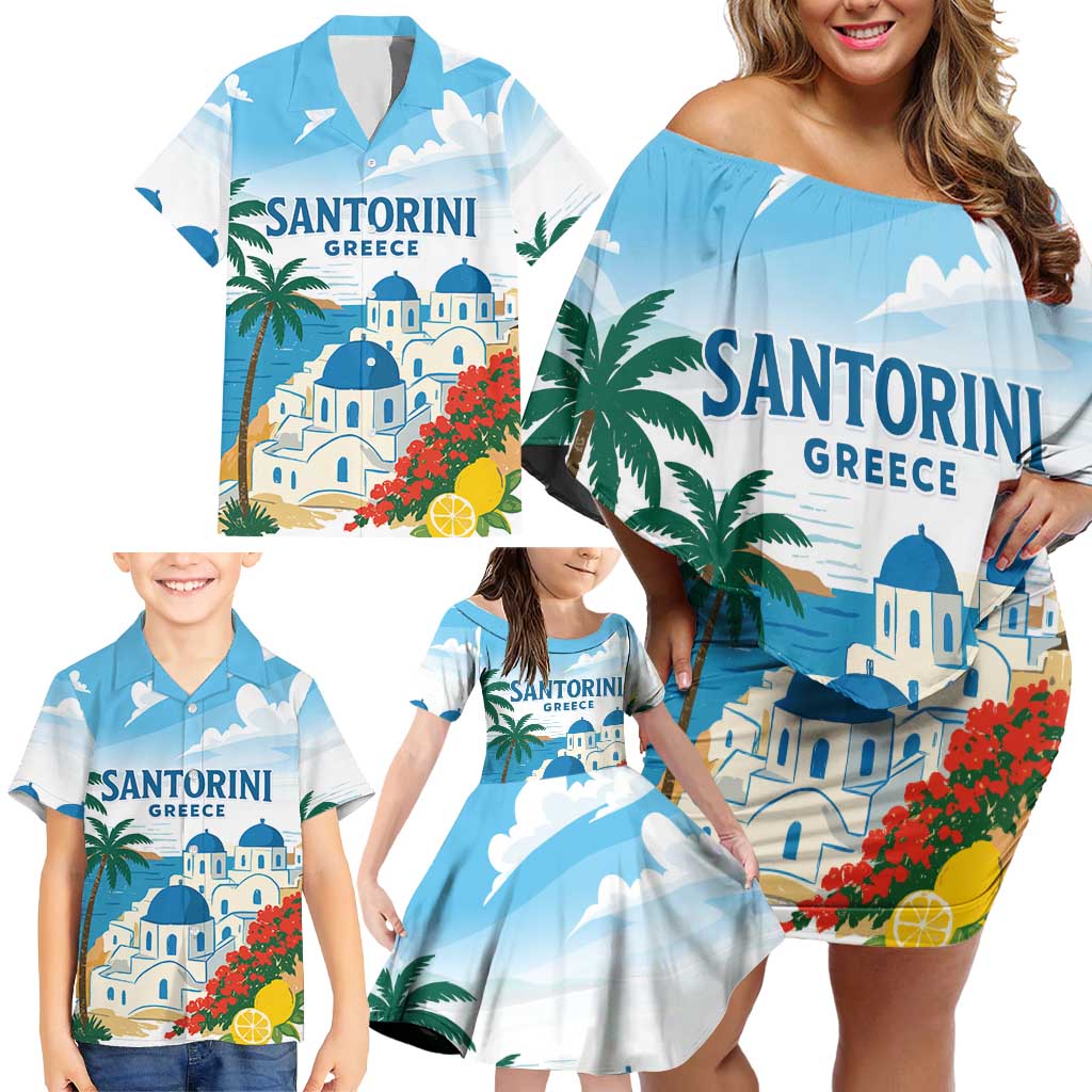 Greece Santorini Personalized Family Matching Off Shoulder Short Dress and Hawaiian Shirt Greek Island Blue Dome Architecture Art