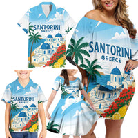Greece Santorini Personalized Family Matching Off Shoulder Short Dress and Hawaiian Shirt Greek Island Blue Dome Architecture Art