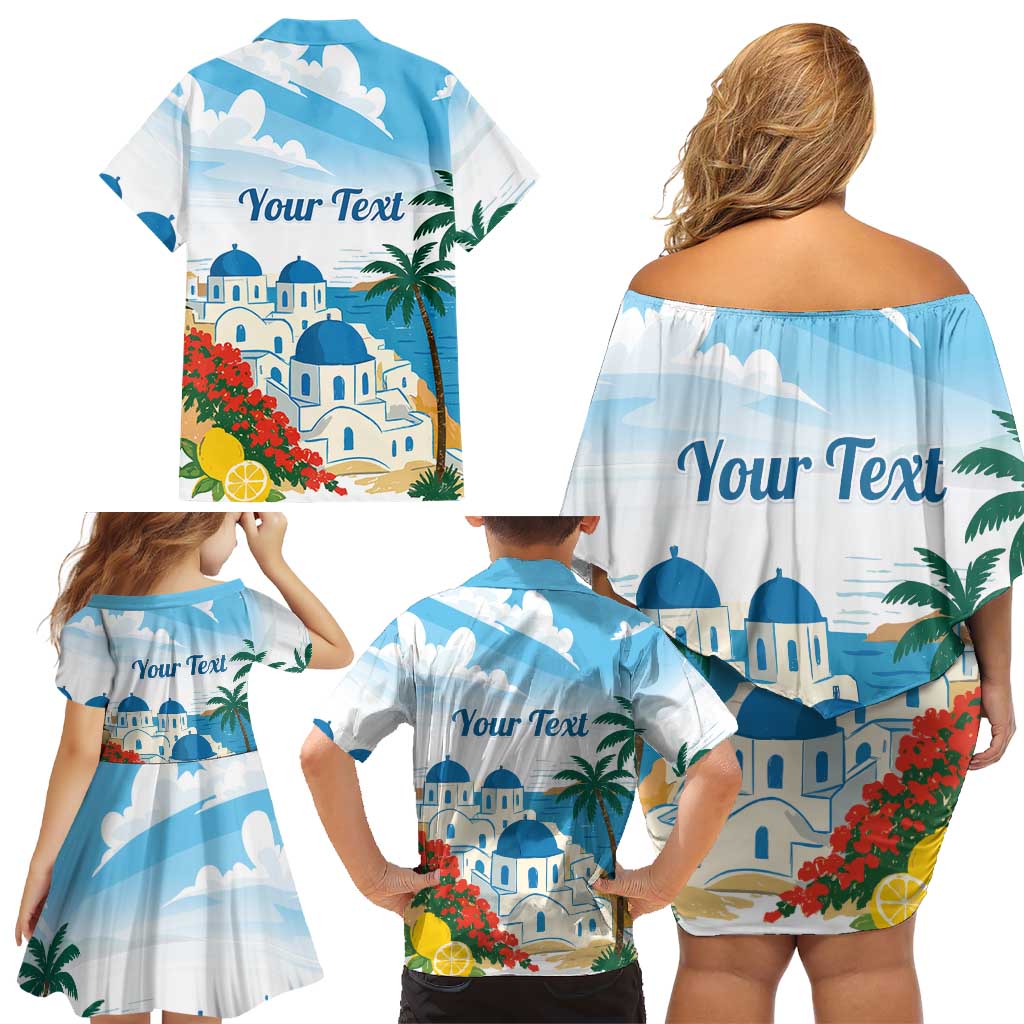 Greece Santorini Personalized Family Matching Off Shoulder Short Dress and Hawaiian Shirt Greek Island Blue Dome Architecture Art