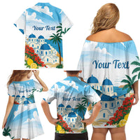 Greece Santorini Personalized Family Matching Off Shoulder Short Dress and Hawaiian Shirt Greek Island Blue Dome Architecture Art
