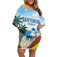 Greece Santorini Personalized Family Matching Off Shoulder Short Dress and Hawaiian Shirt Greek Island Blue Dome Architecture Art