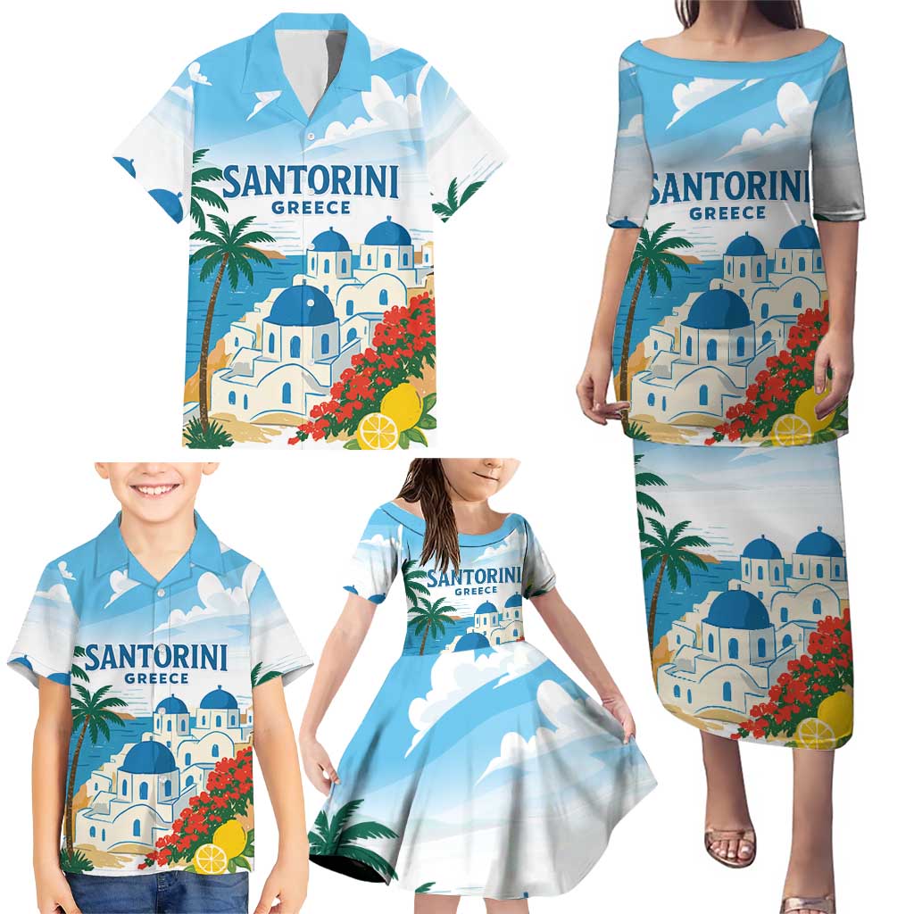 Greece Santorini Personalized Family Matching Puletasi and Hawaiian Shirt Greek Island Blue Dome Architecture Art