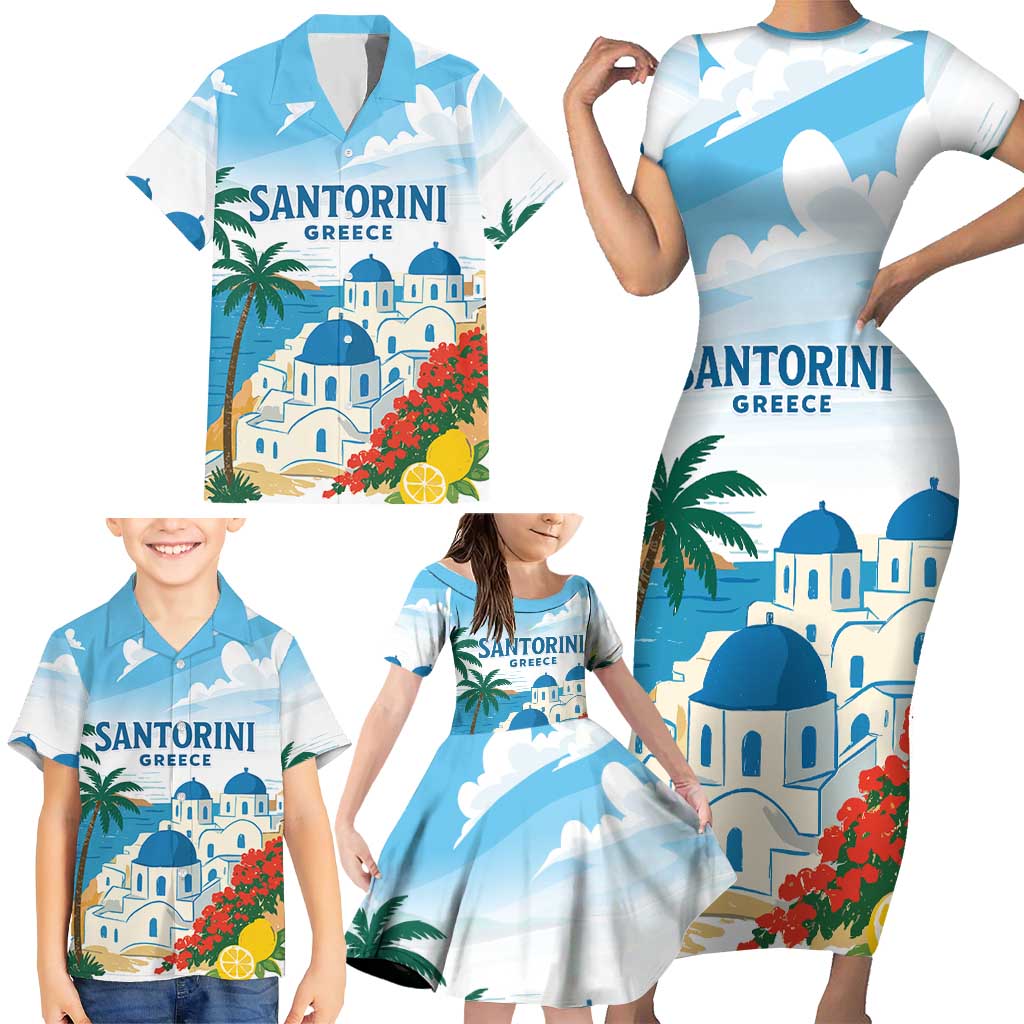 Greece Santorini Personalized Family Matching Short Sleeve Bodycon Dress and Hawaiian Shirt Greek Island Blue Dome Architecture Art