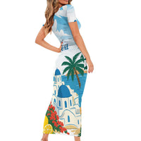 Greece Santorini Personalized Family Matching Short Sleeve Bodycon Dress and Hawaiian Shirt Greek Island Blue Dome Architecture Art