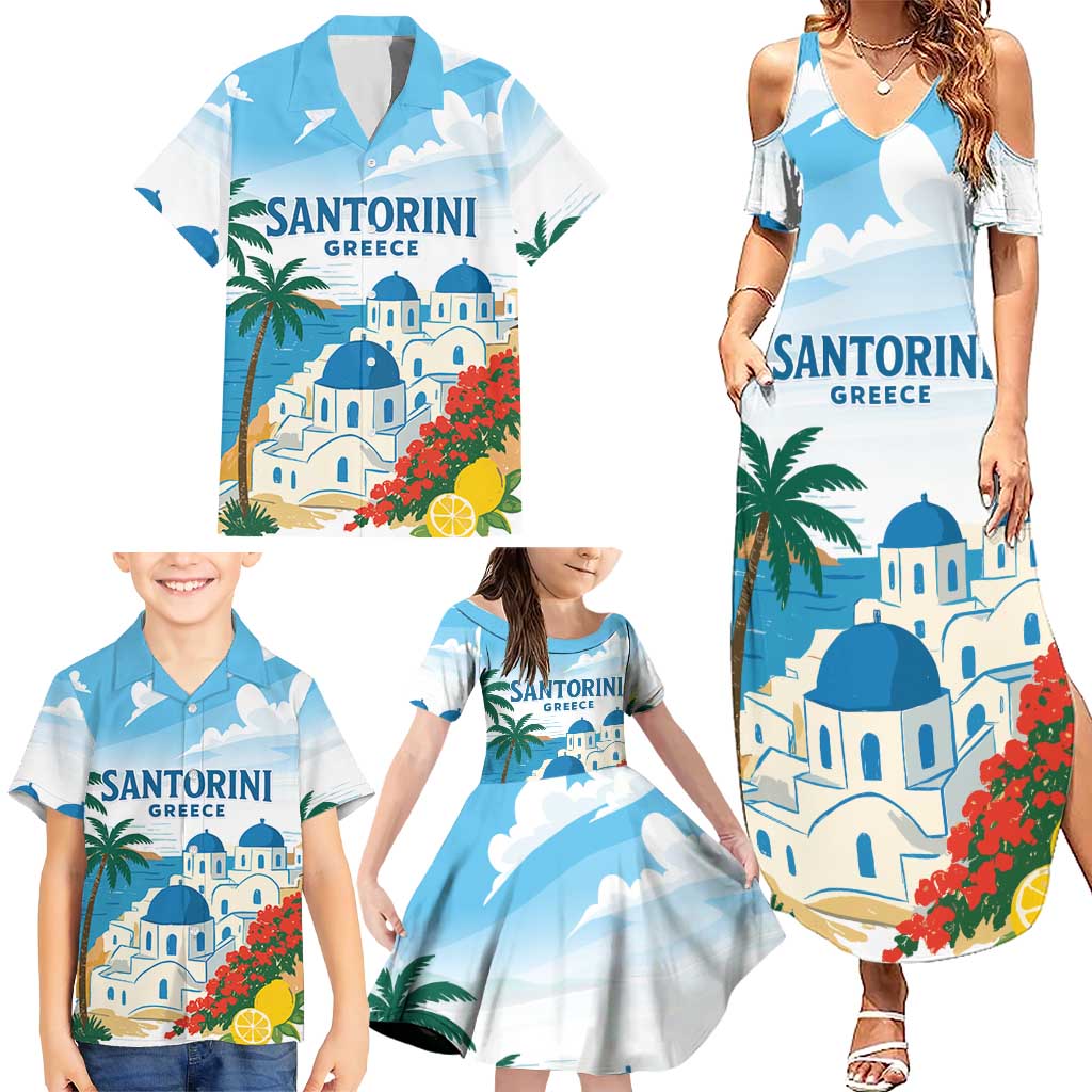Greece Santorini Personalized Family Matching Summer Maxi Dress and Hawaiian Shirt Greek Island Blue Dome Architecture Art