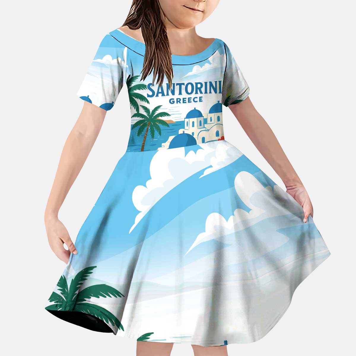 Greece Santorini Personalized Kid Short Sleeve Dress Greek Island Blue Dome Architecture Art