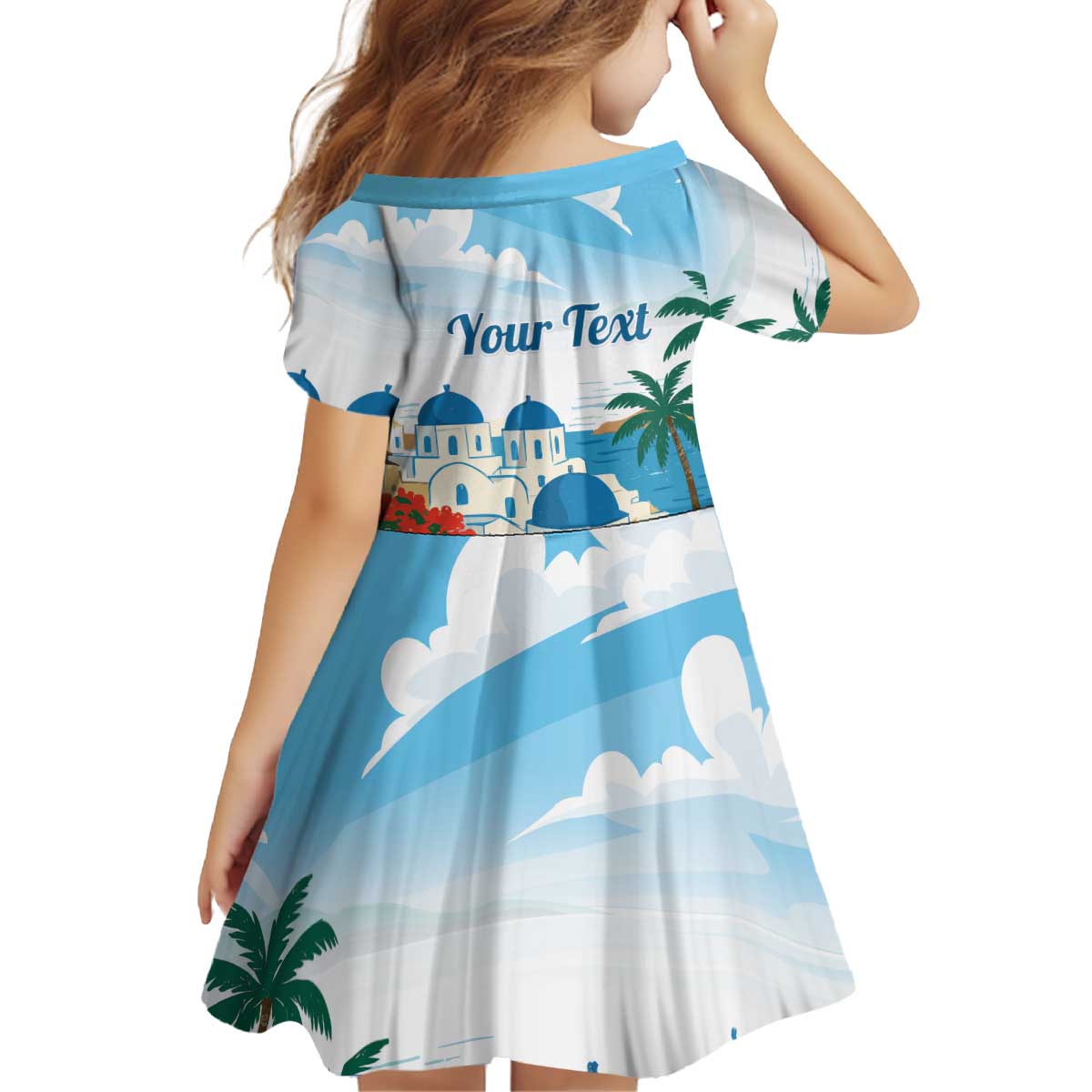Greece Santorini Personalized Kid Short Sleeve Dress Greek Island Blue Dome Architecture Art