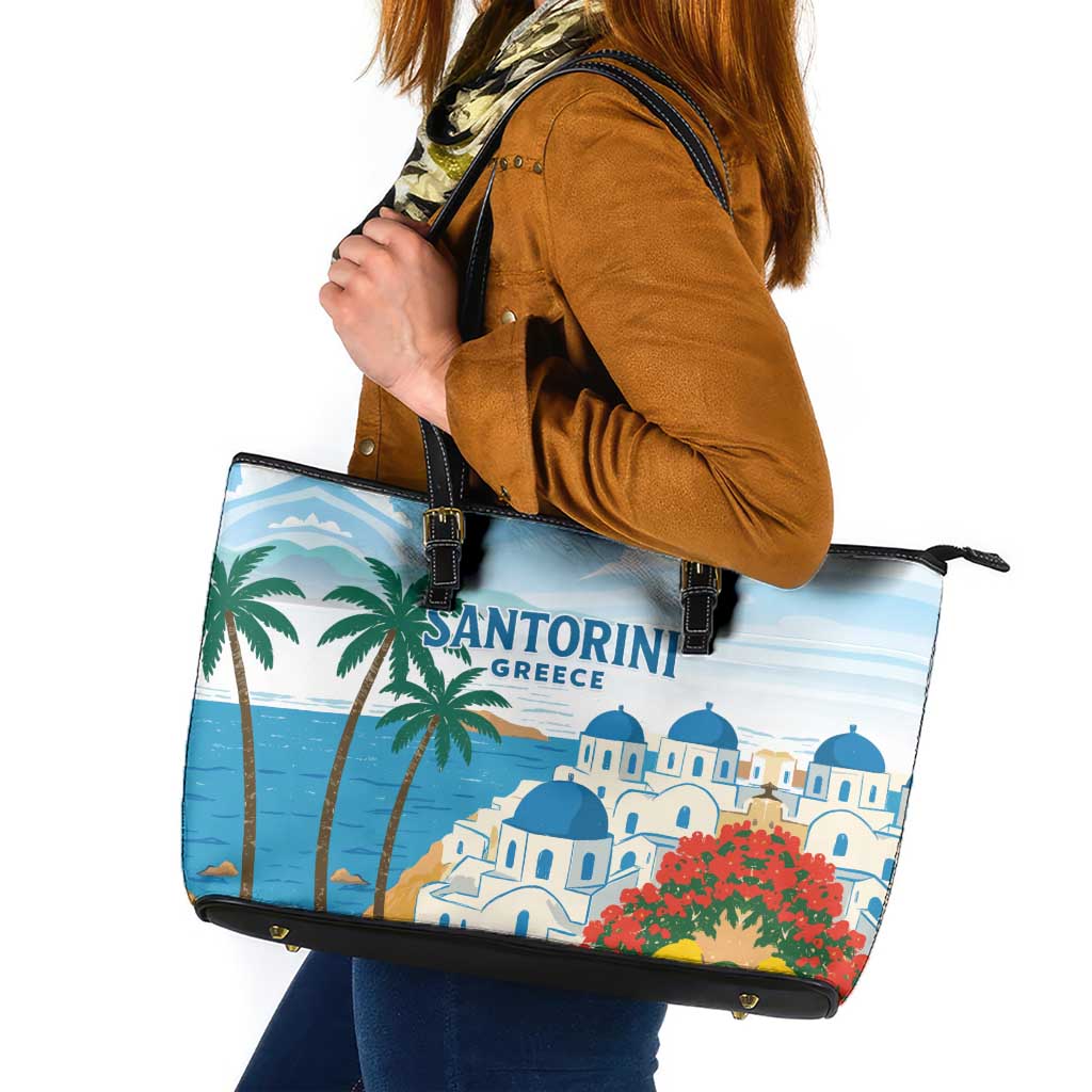 Greece Santorini Leather Tote Bag Greek Island Blue Dome Architecture Art