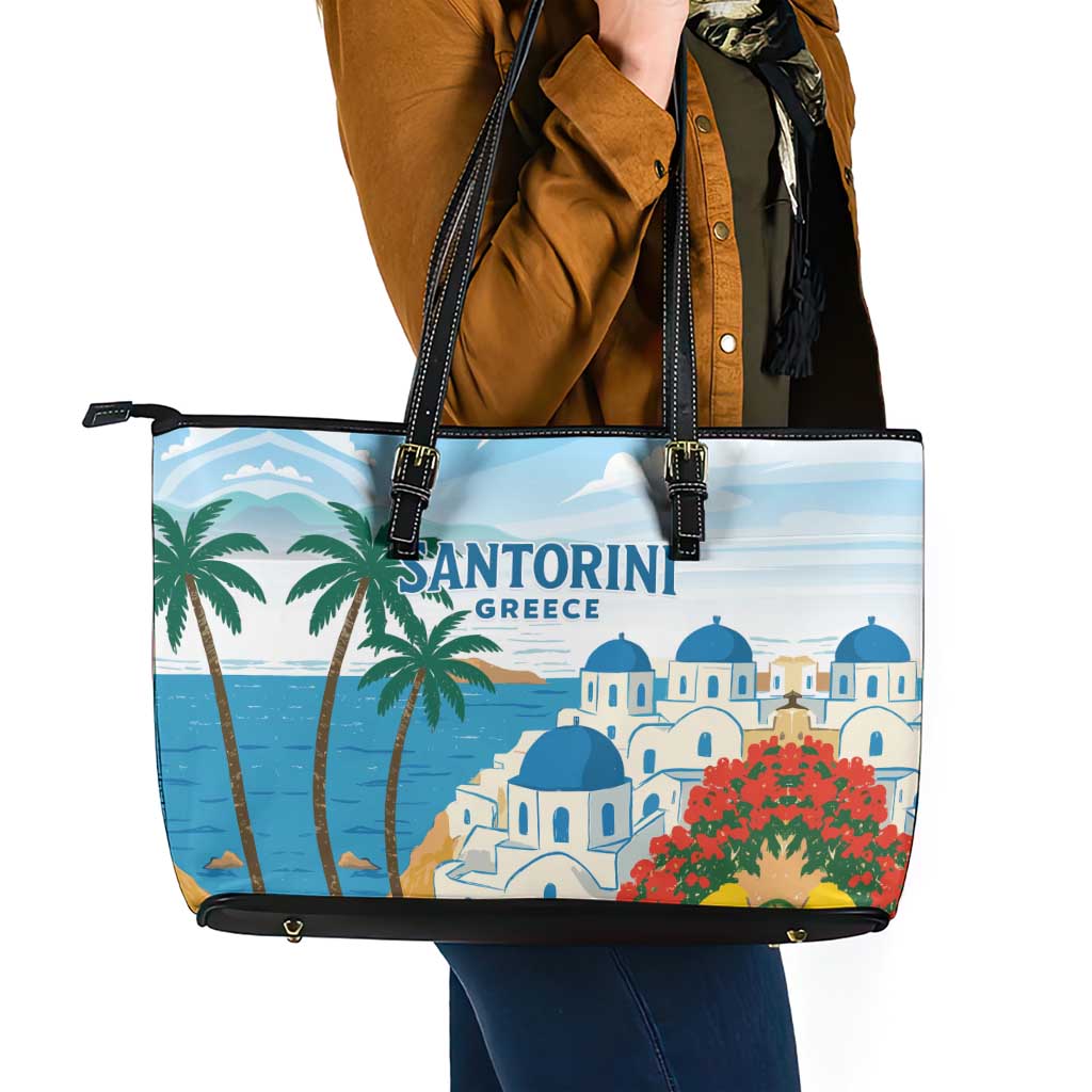 Greece Santorini Leather Tote Bag Greek Island Blue Dome Architecture Art