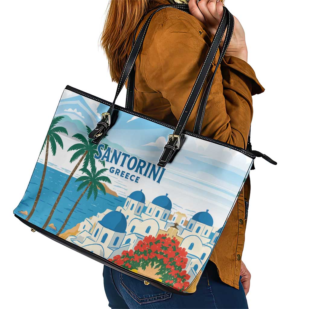 Greece Santorini Leather Tote Bag Greek Island Blue Dome Architecture Art