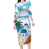 Greece Santorini Personalized Long Sleeve Bodycon Dress Greek Island Blue Dome Architecture Art