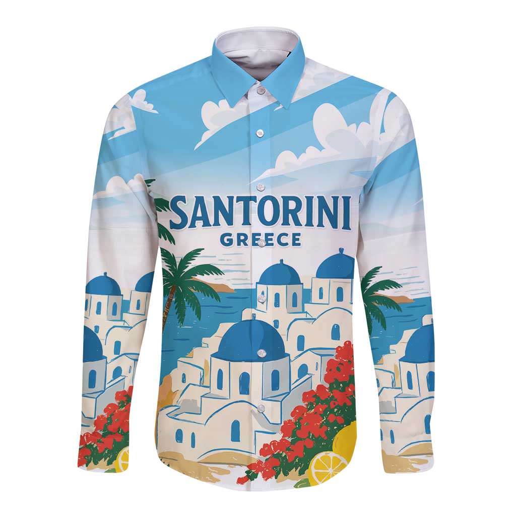 Greece Santorini Personalized Long Sleeve Button Shirt Greek Island Blue Dome Architecture Art