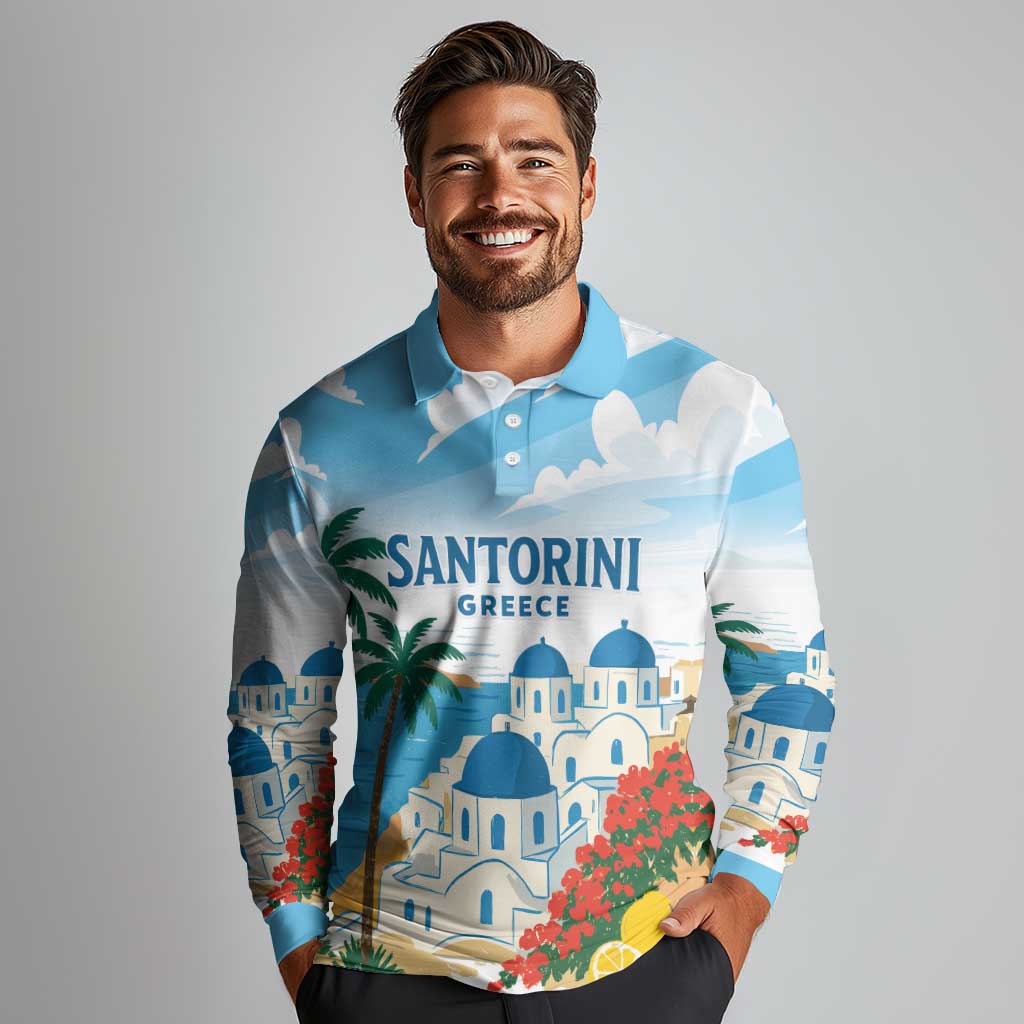 Greece Santorini Personalized Long Sleeve Polo Shirt Greek Island Blue Dome Architecture Art