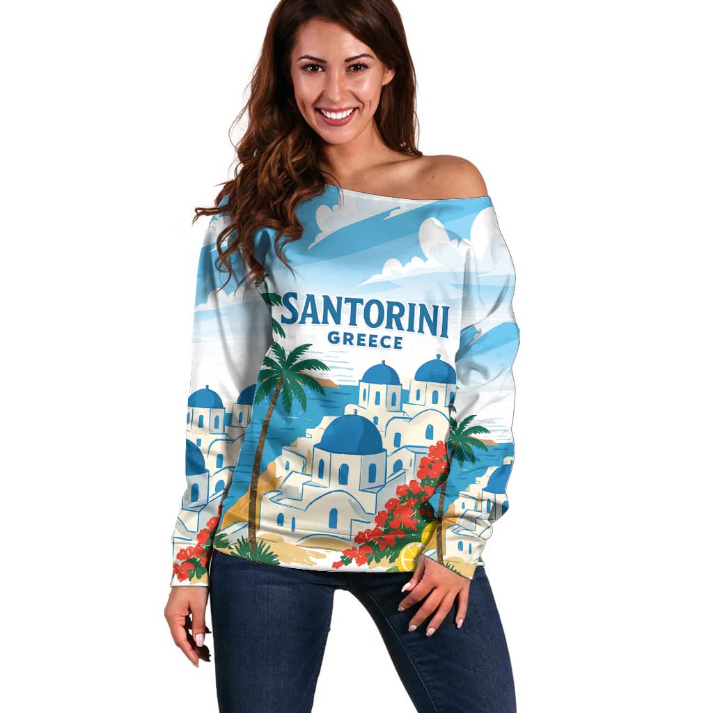Greece Santorini Personalized Off Shoulder Sweater Greek Island Blue Dome Architecture Art