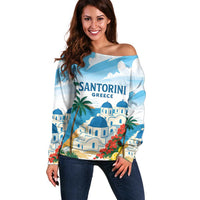 Greece Santorini Personalized Off Shoulder Sweater Greek Island Blue Dome Architecture Art