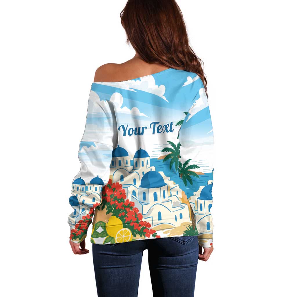Greece Santorini Personalized Off Shoulder Sweater Greek Island Blue Dome Architecture Art