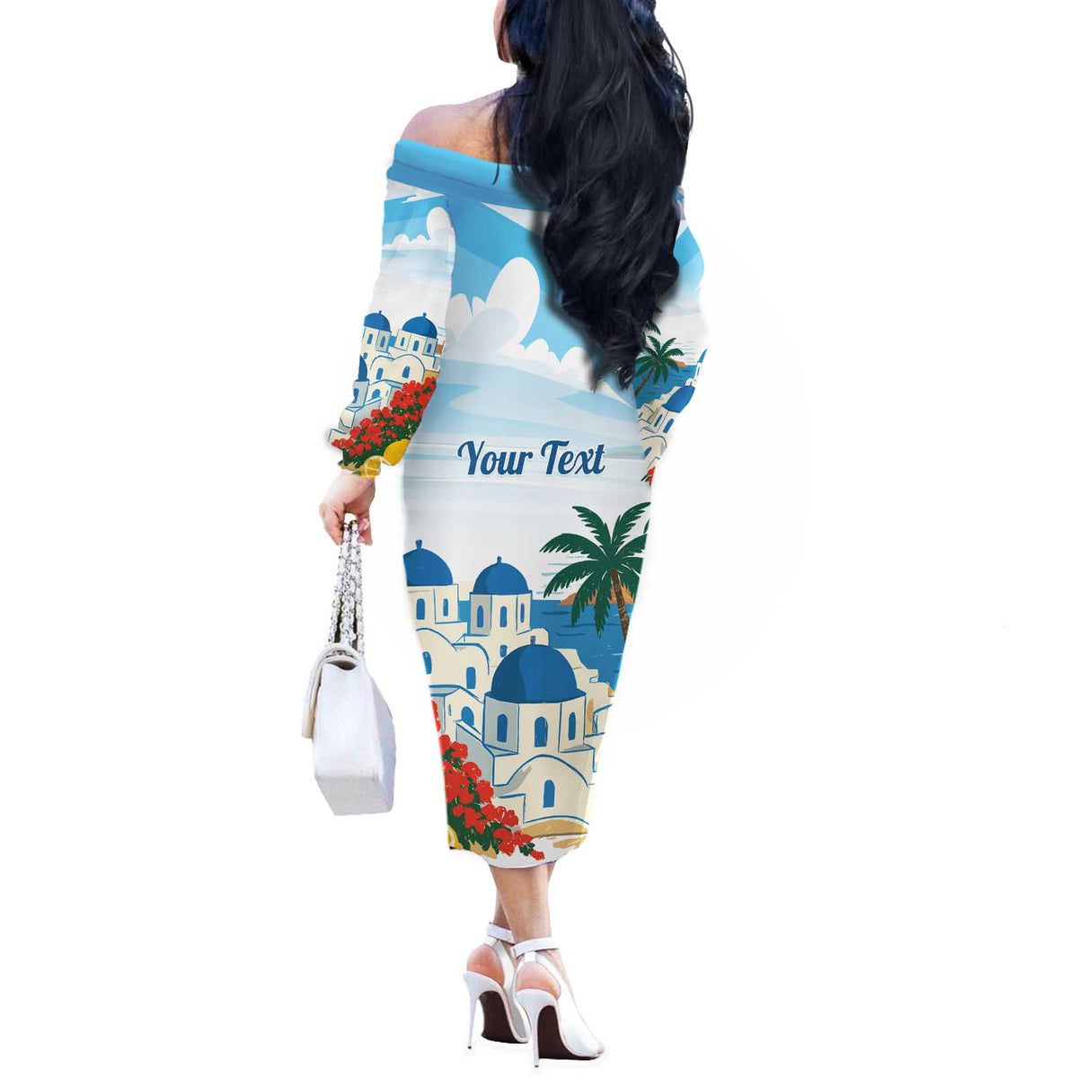 Greece Santorini Personalized Off The Shoulder Long Sleeve Dress Greek Island Blue Dome Architecture Art