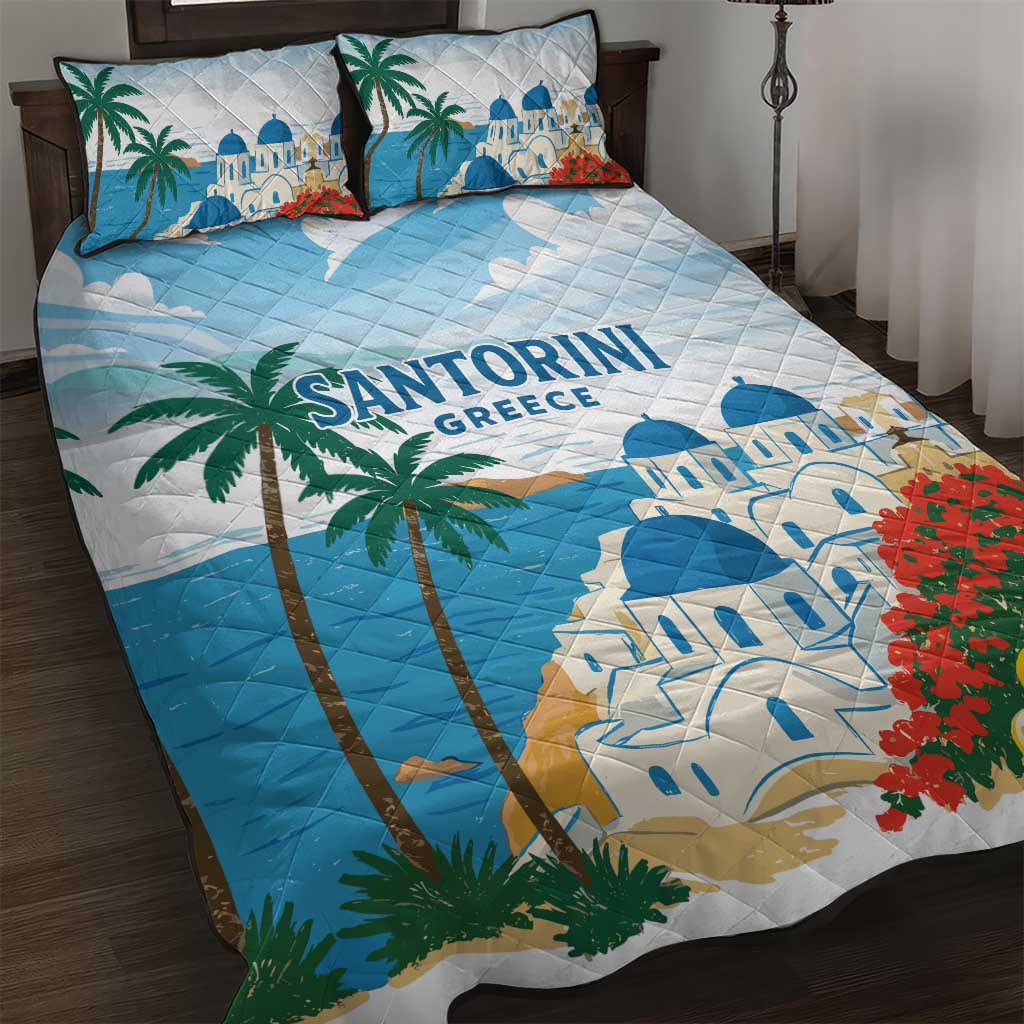 Greece Santorini Quilt Bed Set Greek Island Blue Dome Architecture Art