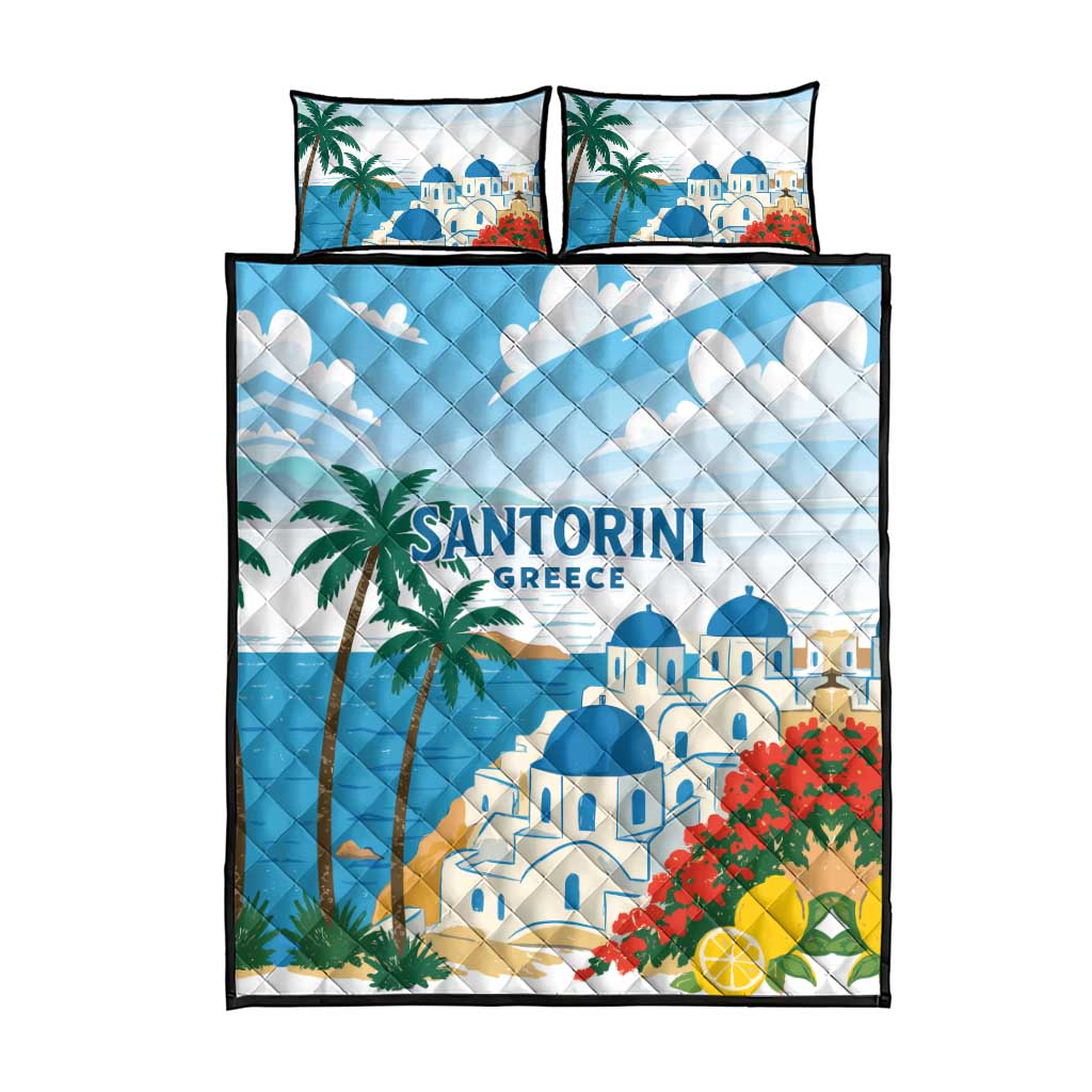 Greece Santorini Quilt Bed Set Greek Island Blue Dome Architecture Art