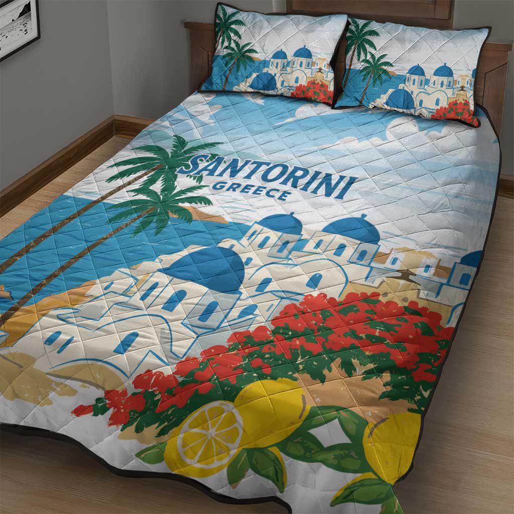 Greece Santorini Quilt Bed Set Greek Island Blue Dome Architecture Art